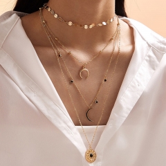 Geometric Drip Oil Moon Alloy Round Sequins Four Layer Necklace Set Supplier