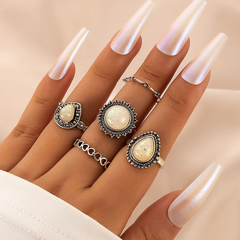 Vintage Geometric Teardrop Round Faux Opal Five-piece Ring Vendor