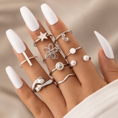 Wholesale Stereoscopic Flowers Stars Pearls With Diamonds Openings Nine Pieces Ring Set