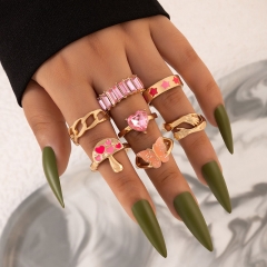Pink Oil-dripping Mushroom Star Butterfly Love Diamond-set Palm Ring Set Of Seven Supplier