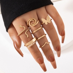 Simple Pearl Alloy Butterfly Snake Geometry Seven-piece Ring Set Vendor