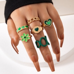 Green Love Drip Oil Geometric Flower Ring Set Of Six Vendor