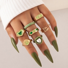 Green Oil Drip Love Flame Palm Geometric Resin Seven-piece Ring Set Vendor