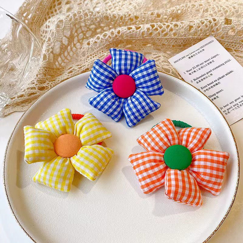 Korean Children's Cute Flowers Fabric Candy Color Plaid Hair Rope Supplier