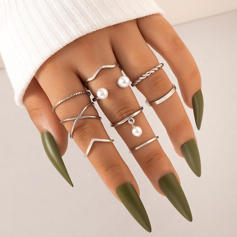 Simple Cross Twist Joint Geometric Pearl Inlay Nine Piece Ring Set Vendor