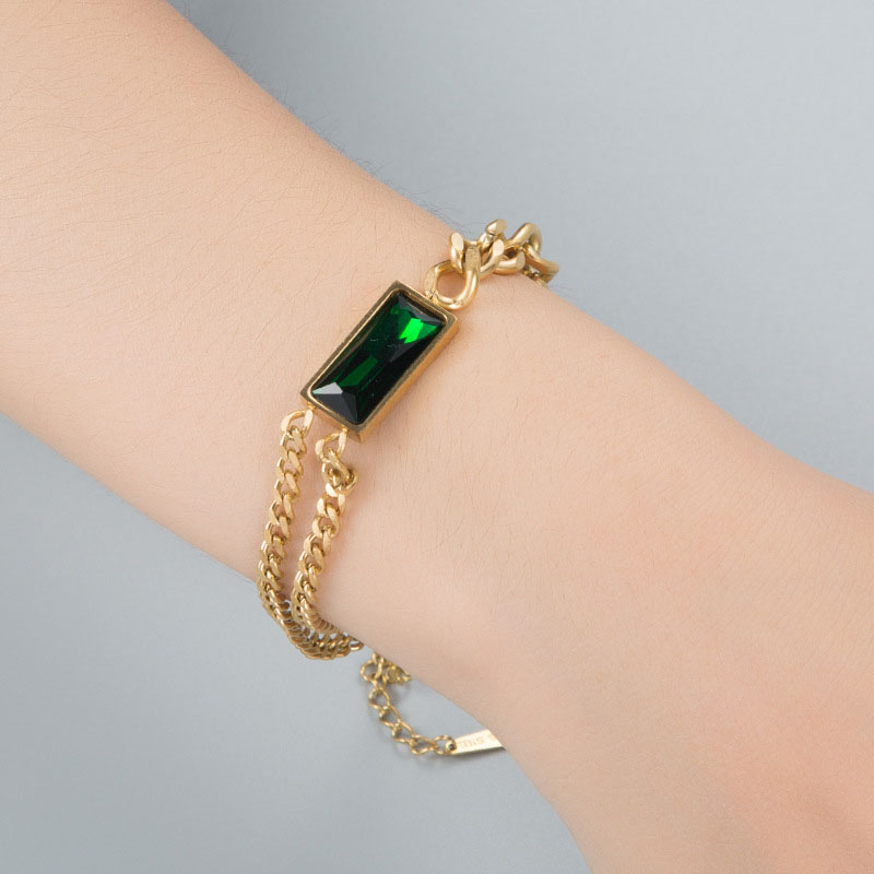 Wholesale Green Square Zircon Fashion Titanium Steel Double Chain Stacking Bracelet