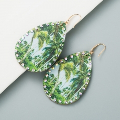 Wholesale Bohemian Leather Printed Exaggerated Coconut Tree With Diamonds Vintage Earrings