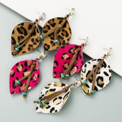 Wholesale Geometric Leather Horse Hair Leopard Print Stamping With Diamonds Fashion Bohemian Earrings