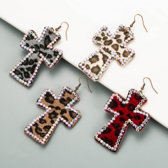 Wholesale Cross Double-sided Printed Leather Leopard Pattern Long Full Of Diamonds Vintage Earrings