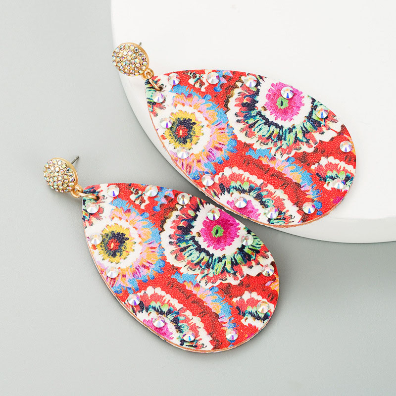 Wholesale Colorful Floral Leather Printed Ethnic Drop Earrings With Diamonds