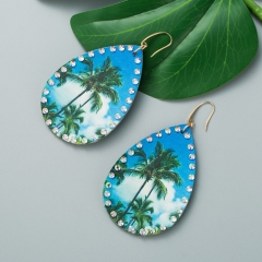Wholesale Bohemian Pu Leather Palm Tree Print Rhinestone Earrings
