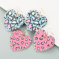 Wholesale Popular Pu Leather Double-sided Heart Print With Rhinestones Bohemian Earrings