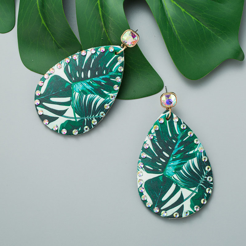 Wholesale Leather Printed Turtle Back Leaf Exaggerated Rhinestone Earrings