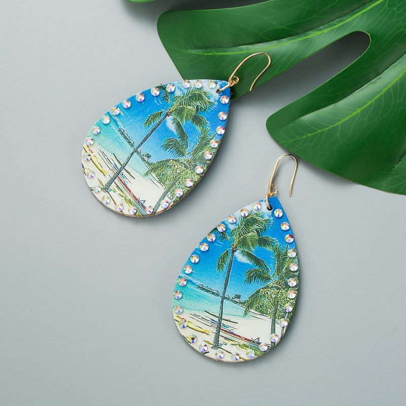 Wholesale Leather Coconut Tree Print Drop Exaggerated Earrings