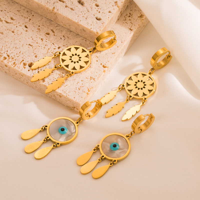 Fashion Titanium Steel 18k Gold Dreamcatcher Tassel Oil Dripping Eyes Stainless Steel Earrings Vendor