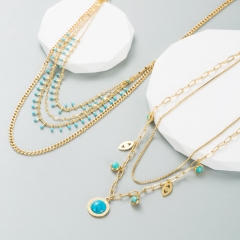 Fashion Multi-layer Titanium Steel Hip-hop Turquoise Pendant Necklace Clavicle Chain Vendor