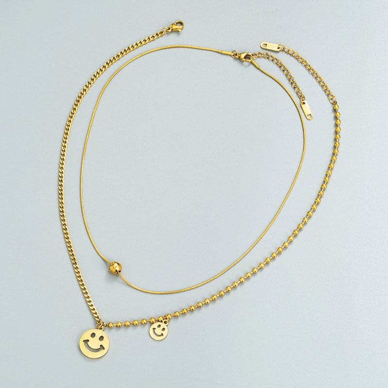 Wholesale Titanium Steel Double Layer Smiley Face Pendant Necklace Asymmetric Hip Hop Clavicle Chain