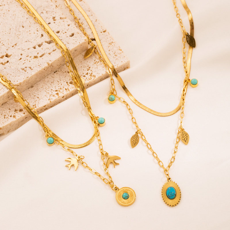 Classic Simple Titanium Steel Color Preserving Plated 18k Gold Stainless Steel Double Stacked Turquoise Necklace Vendor
