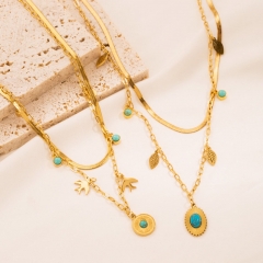 Classic Simple Titanium Steel Color Preserving Plated 18k Gold Stainless Steel Double Stacked Turquoise Necklace Vendor