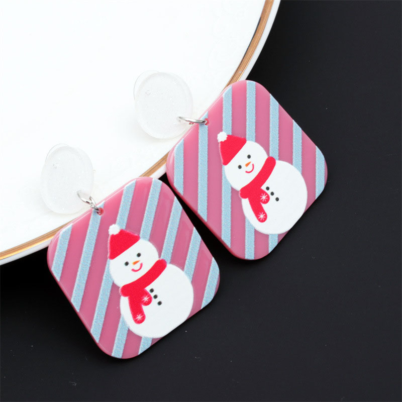 Wholesale Acrylic Christmas Earrings Fashion Embossed Printed Christmas Tree Snowman Bells Silver Plated Ear Pins