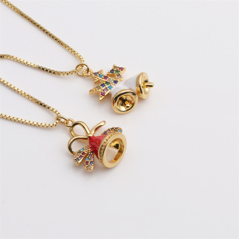 Wholesale Christmas Copper Real Gold Plated Zirconia Oil Dripping Christmas Bells Necklace