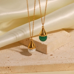 Wholesale Golden Droplet Colorless Titanium Steel Vintage Geometric Inlay Green Natural Stone Pendant Necklace