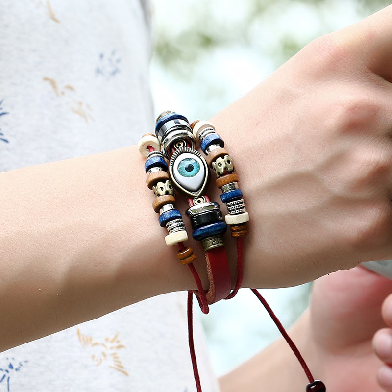 Beaded Eyes Adjustable Couple Leather Bracelet