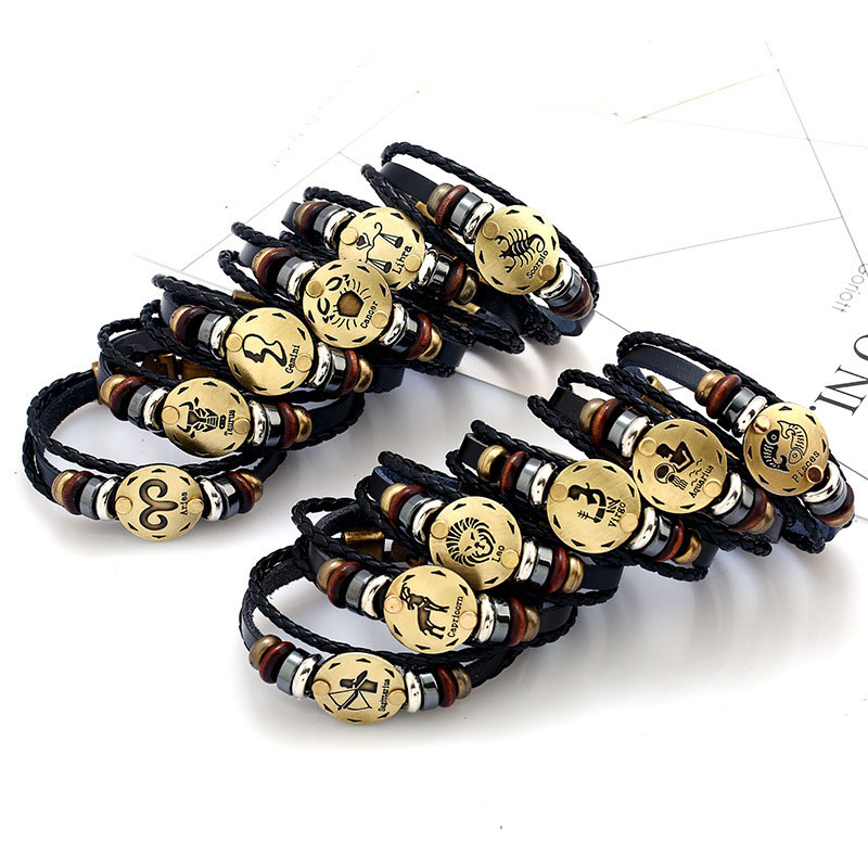Zodiac Signs Simple Multi-layer Vintage Braided Couple Leather Bracelets
