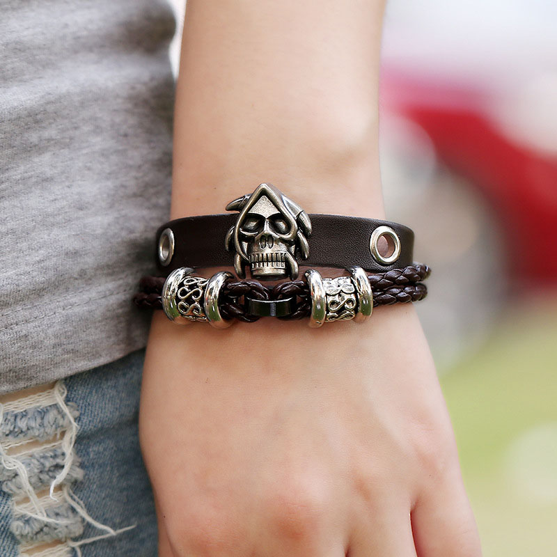 Pulsera De Cuero Trenzado Calavera Punk Con Cuentas