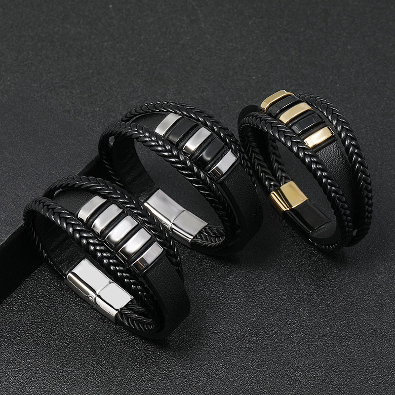 Men's Leather Stainless Steel Woven Punk Pu Bracelet