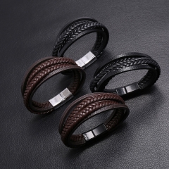 Pulsera Minimalista De Cuero Trenzado De Varias Capas Con Cierre Magnético Para Hombre