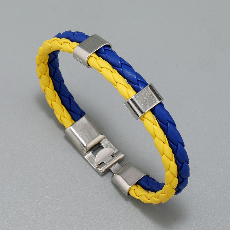 Pulsera Sencilla De Cuero Trenzado Azul Y Amarillo Con La Bandera De Ucrania