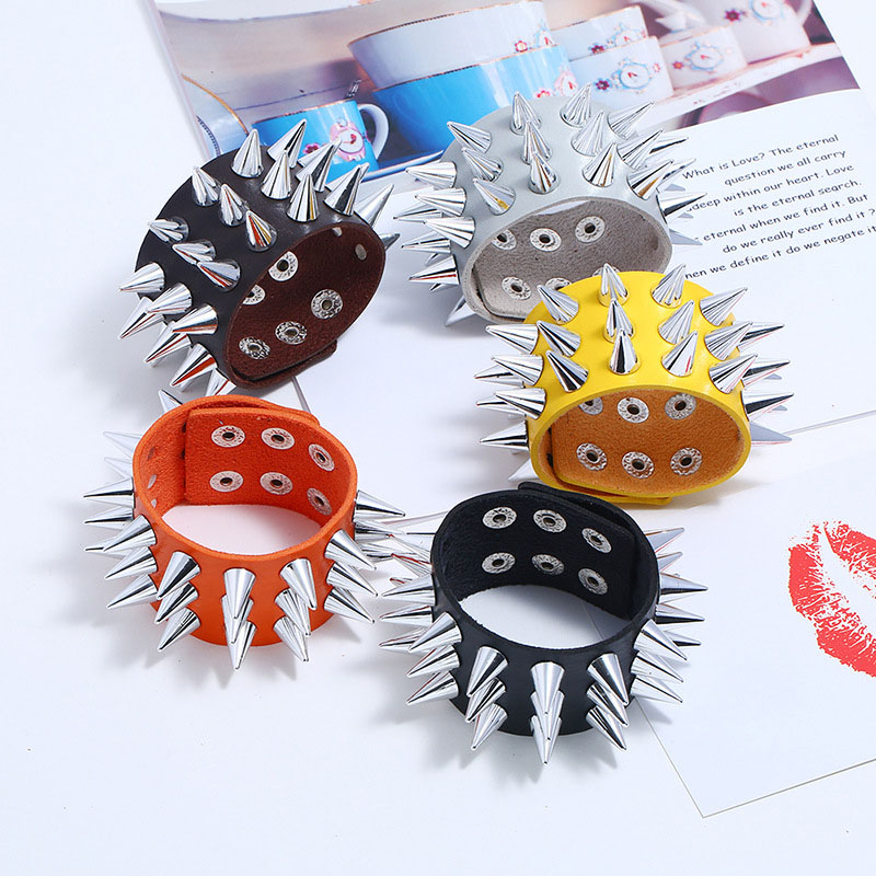 Punk Exaggerated Leather Three Rows Of Spikes Bracelet