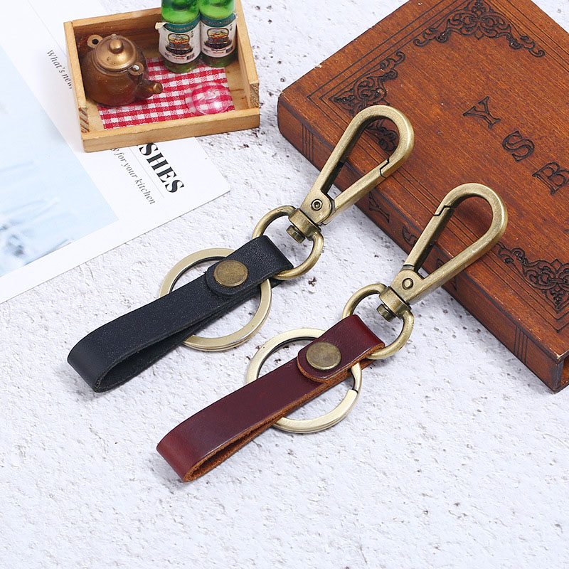 Simple Antique Copper Color Vintage Cowhide Leather Keychain