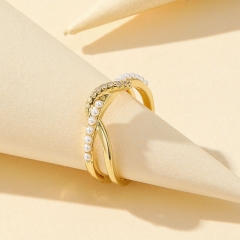 Wholesale Golden Spiral Opening Geometric Metal Copper Plated Real Gold With Zirconia Pearl Ring