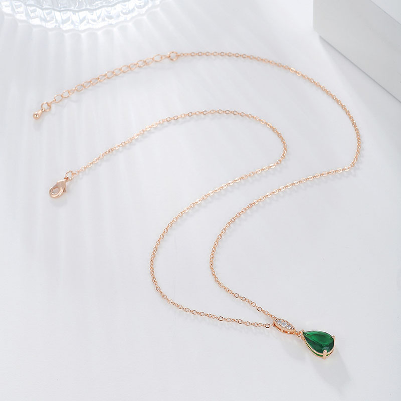 Wholesale Geometric Minimalist Teardrop Green Zirconia Pendant Copper Plated Real Gold Necklace