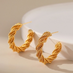 Wholesale Twisted Brass Plated 18k Real Gold C-shaped Golden Bead Transfer Earrings
