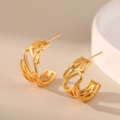 Wholesale French Openwork Brass 18k Real Gold Plated Half Round Simple Earrings
