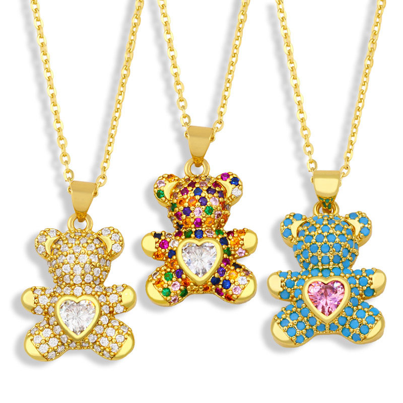 Wholesale Love Heart Bear Simple Pendant With Colorful Zirconia Necklace