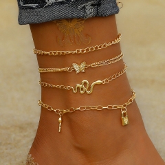 Vintage Snake Chain Butterfly Lock Multi-layered 2-piece Anklet Set Supplier