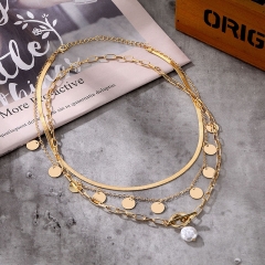 Multi-layered Coin Pendant Ot Locking Pearl Pendant Vintage Collarbone Chain Supplier