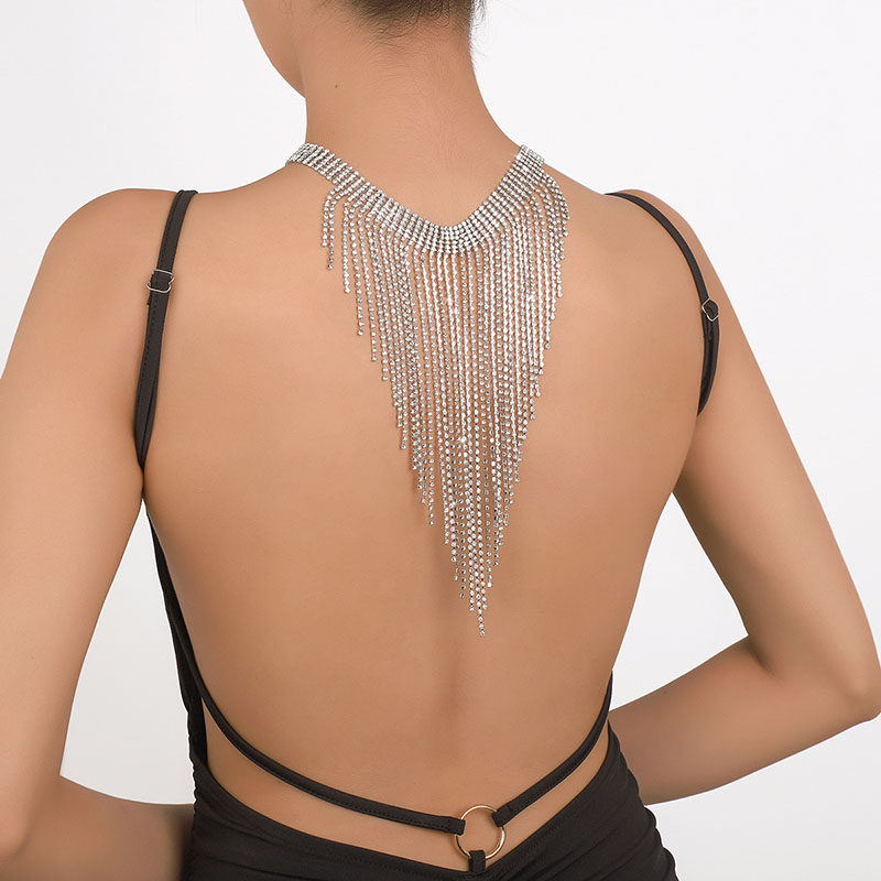 Row Of Diamonds Tassel Rhinestone Light Luxury Necklace Claw Chain Vintage Back Accessory Manufacturer