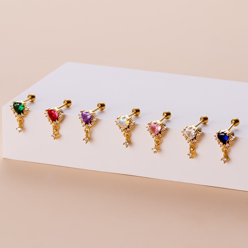 Colorful Zirconia Love Pendant Thin Rod Screw Ball Korean Fashion Ear Bone Studs Manufacturers