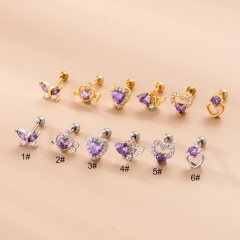 Fine Bar Stainless Steel Double-ended Screw Purple Love Butterfly Zirconia Fashion Pierced Ear Bone Studs Manufacturers