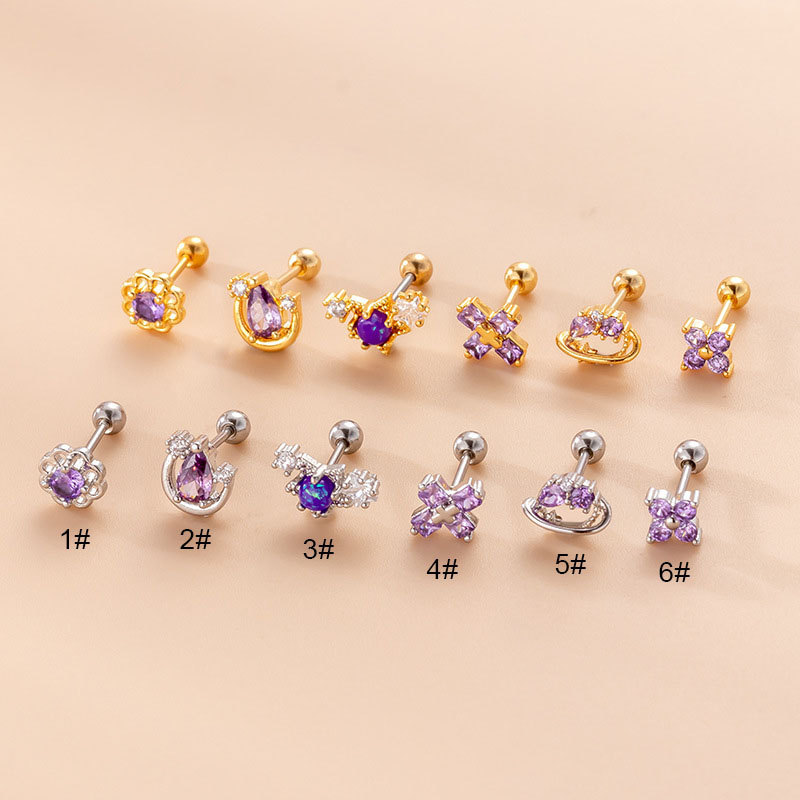 Fine Rod Stainless Steel Double-headed Screw Purple Zirconia Flower Cross Fashion Pierced Ear Bone Studs Manufacturers