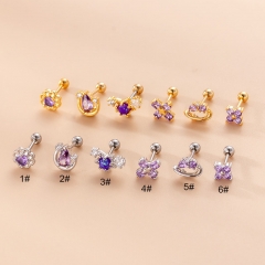 Fine Rod Stainless Steel Double-headed Screw Purple Zirconia Flower Cross Fashion Pierced Ear Bone Studs Manufacturers