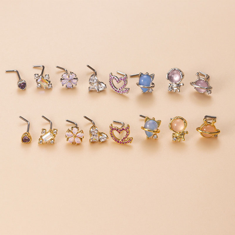 Fashion Flower Love Geometric Coloured Zirconia Stainless Steel L Bar Nose Stud Distributors