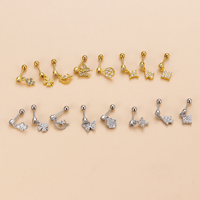 Double-headed Screw Stainless Steel Thin Bar Screw Micro-set Zirconia Geometric Butterfly Pendant Ear Bone Studs Distributors