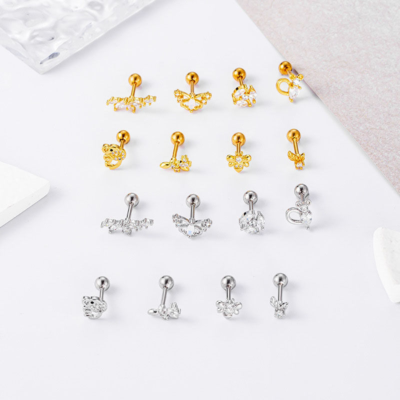 Stainless Steel Double-headed Screw Thick Bar Elephant Monkey Butterfly Bee Zirconia Ear Bone Studs Distributors