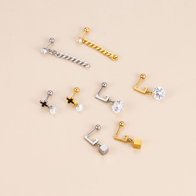 Stainless Steel Single Head Screw Thin Bar Zircon Dangling Chain Tassel Earring Studs Distributors